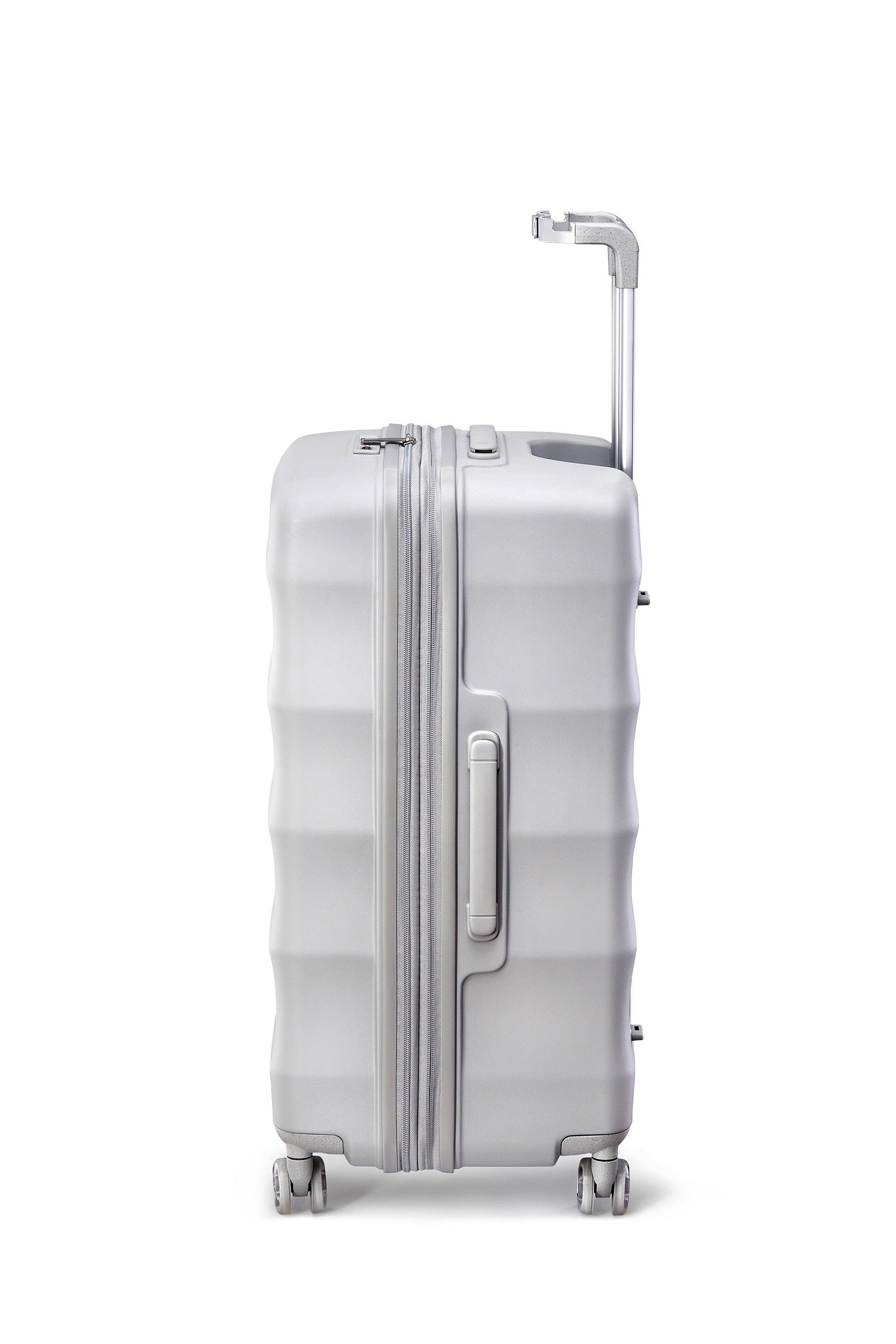 4MYTU silver carry-on luggage featuring retractable handle and smooth wheels.