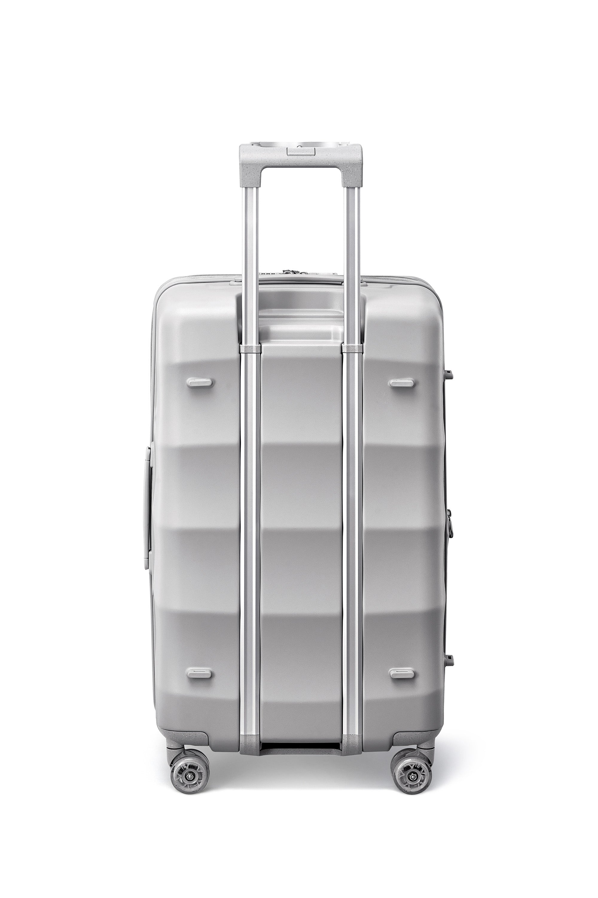 Sleek silver 4MYTU carry-on luggage with retractable handle and smooth-rolling wheels.