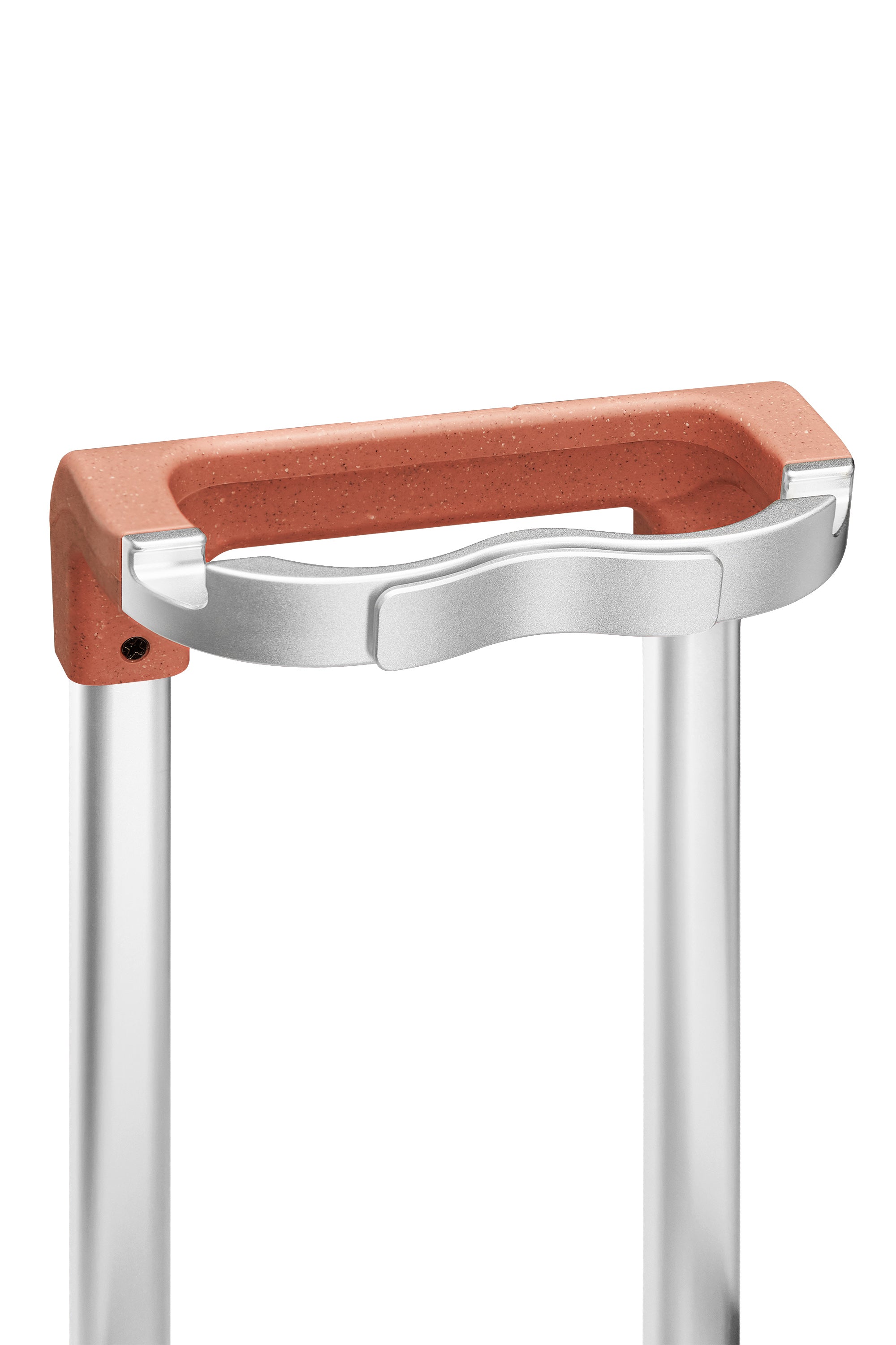 Terracotta suitcase handle with sleek silver frame for easy maneuverability.