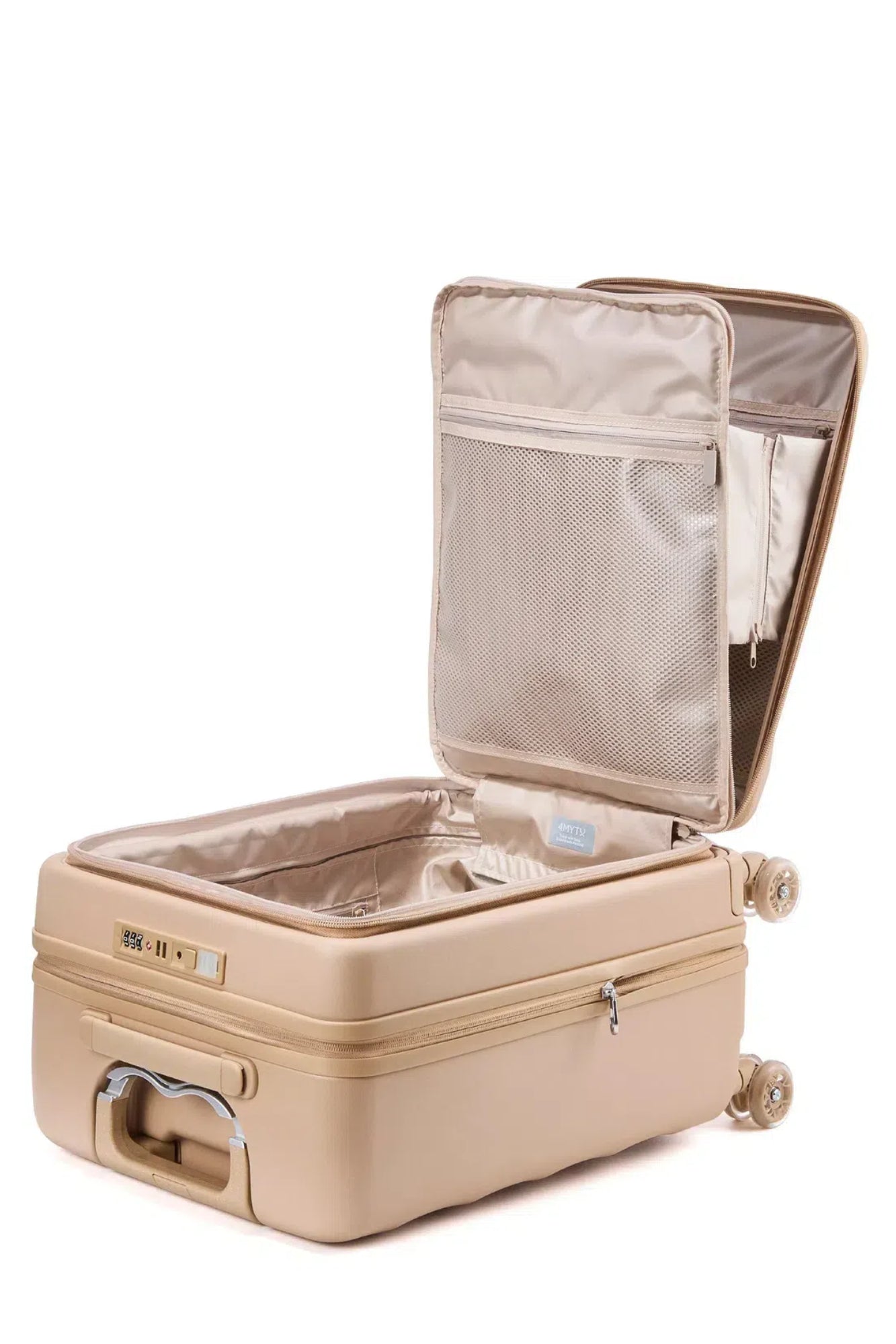 4MYTU Sandstorm Tank Carry-On suitcase interior with spacious design and organizational pockets.