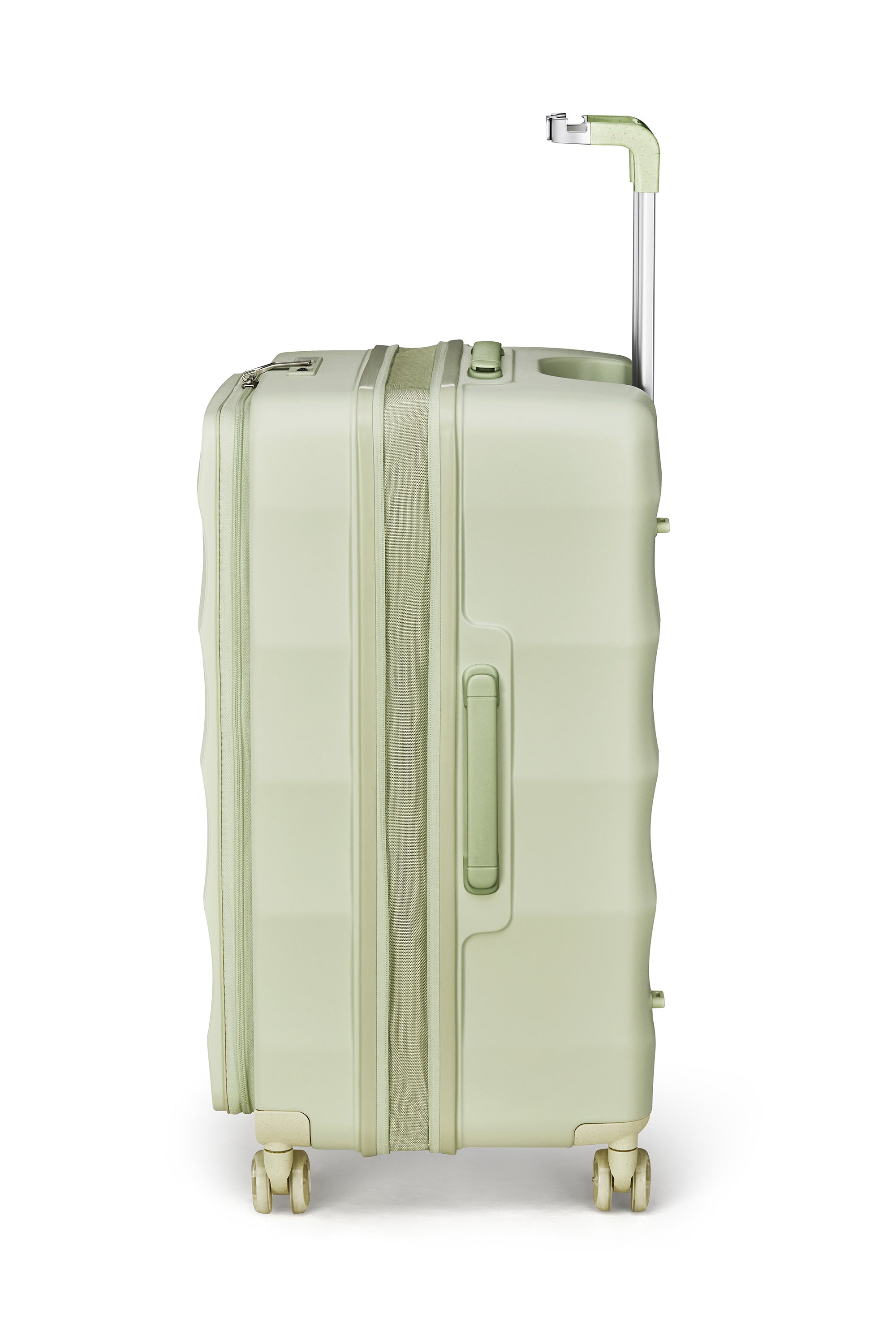 Expandable Mint Green Tank Trunk carry-on luggage with smooth-rolling wheels.