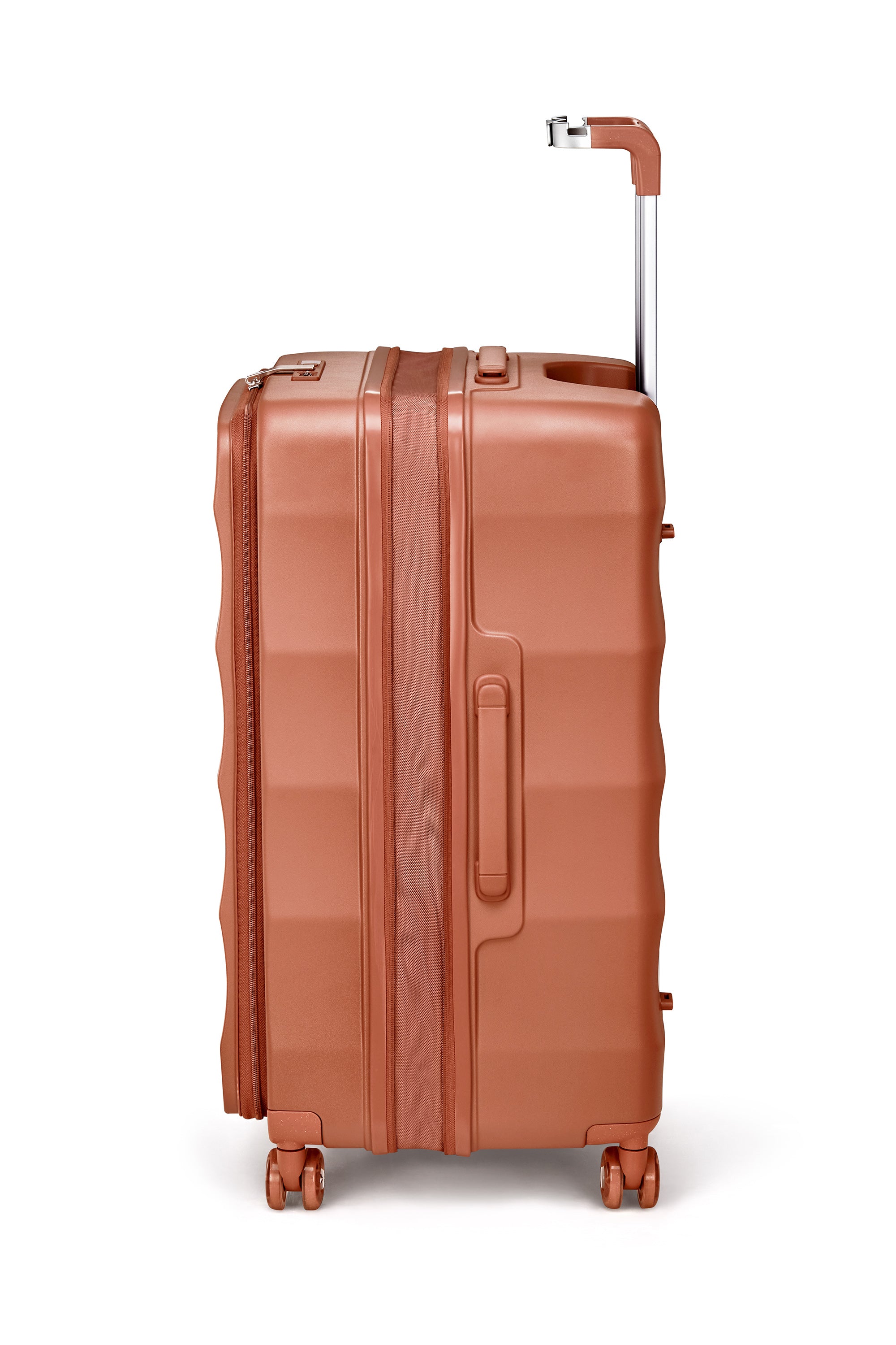 Copper hardshell suitcase by 4MYTU with wheels, ideal for stylish travel.