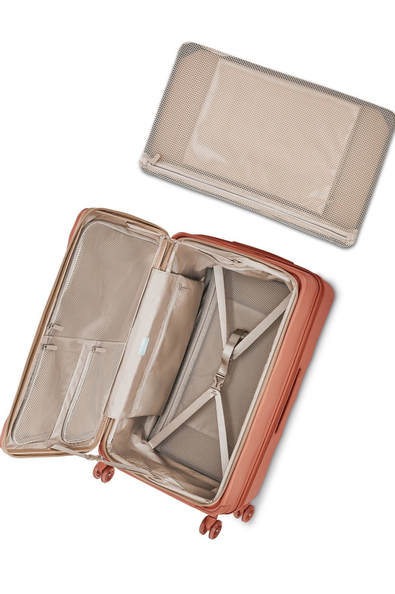 Interior view of 4MYTU copper hardshell suitcase with organizational compartments.