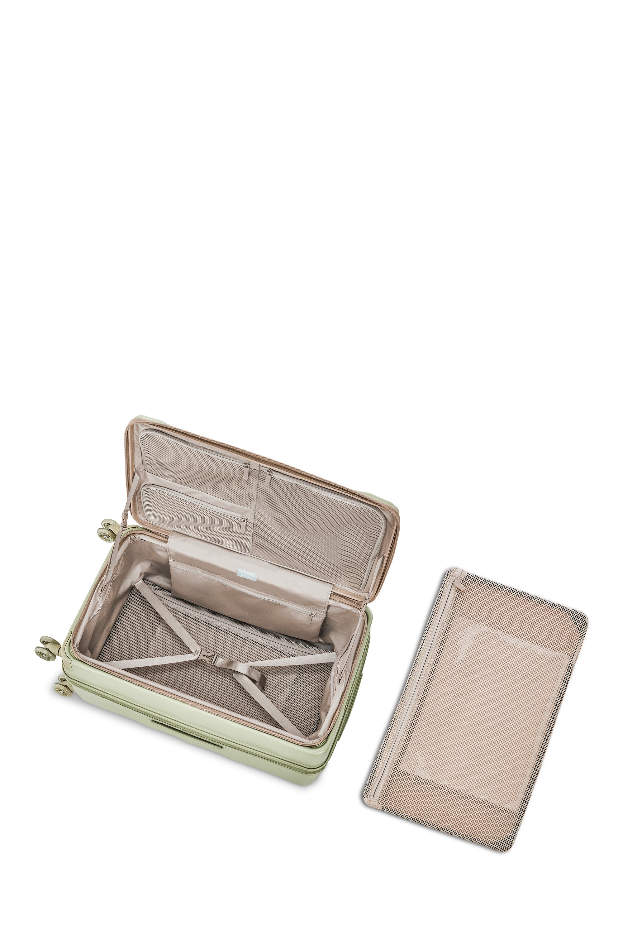 Open Mint Green Tank Trunk carry-on luggage with interior compartments and packing cube.