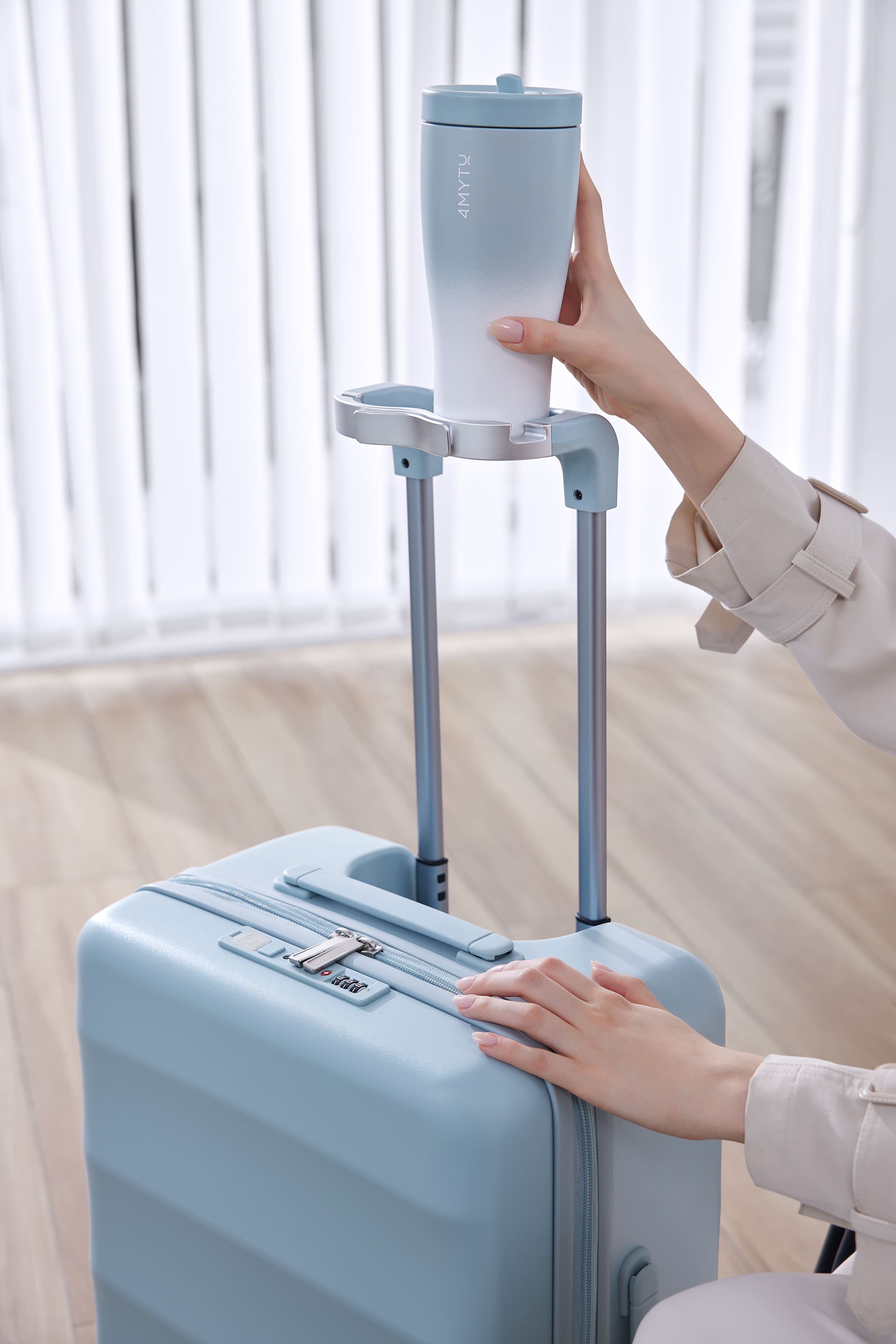 Delicate Blue carry-on suitcase with coffee mug holder from 4MYTU.