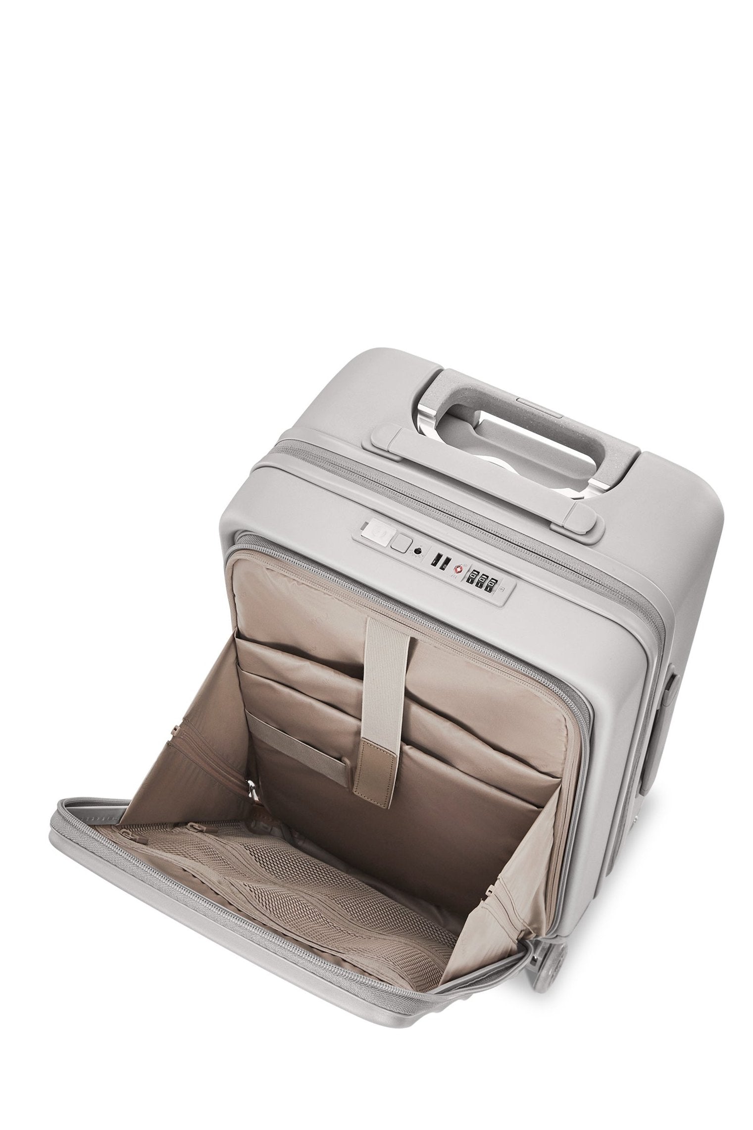 Harbor Mist 4MYTU Tank Carry-On suitcase open to reveal organized interior compartments.