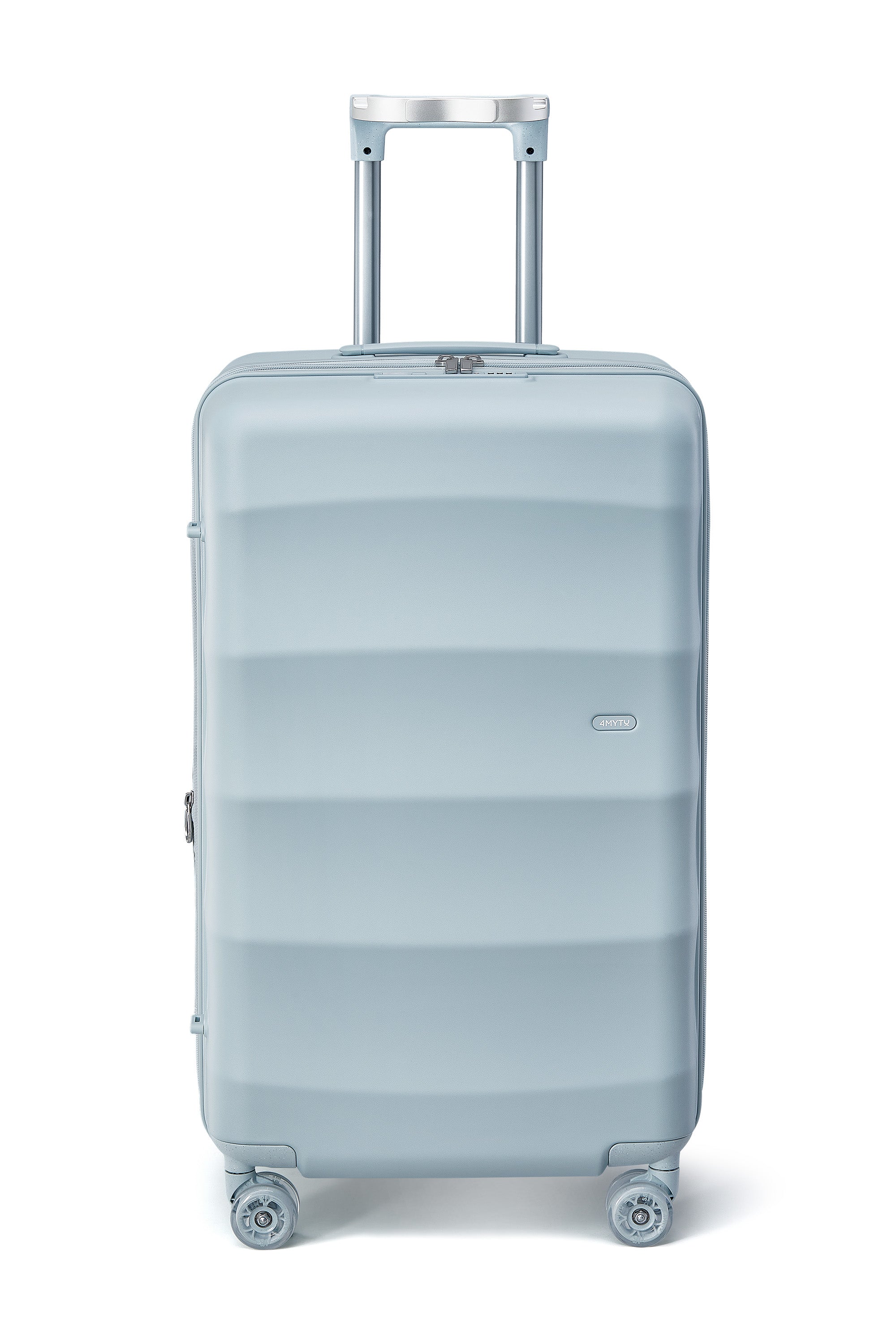 Delicate Blue carry-on suitcase with smooth skateboard wheels and ergonomic handle.