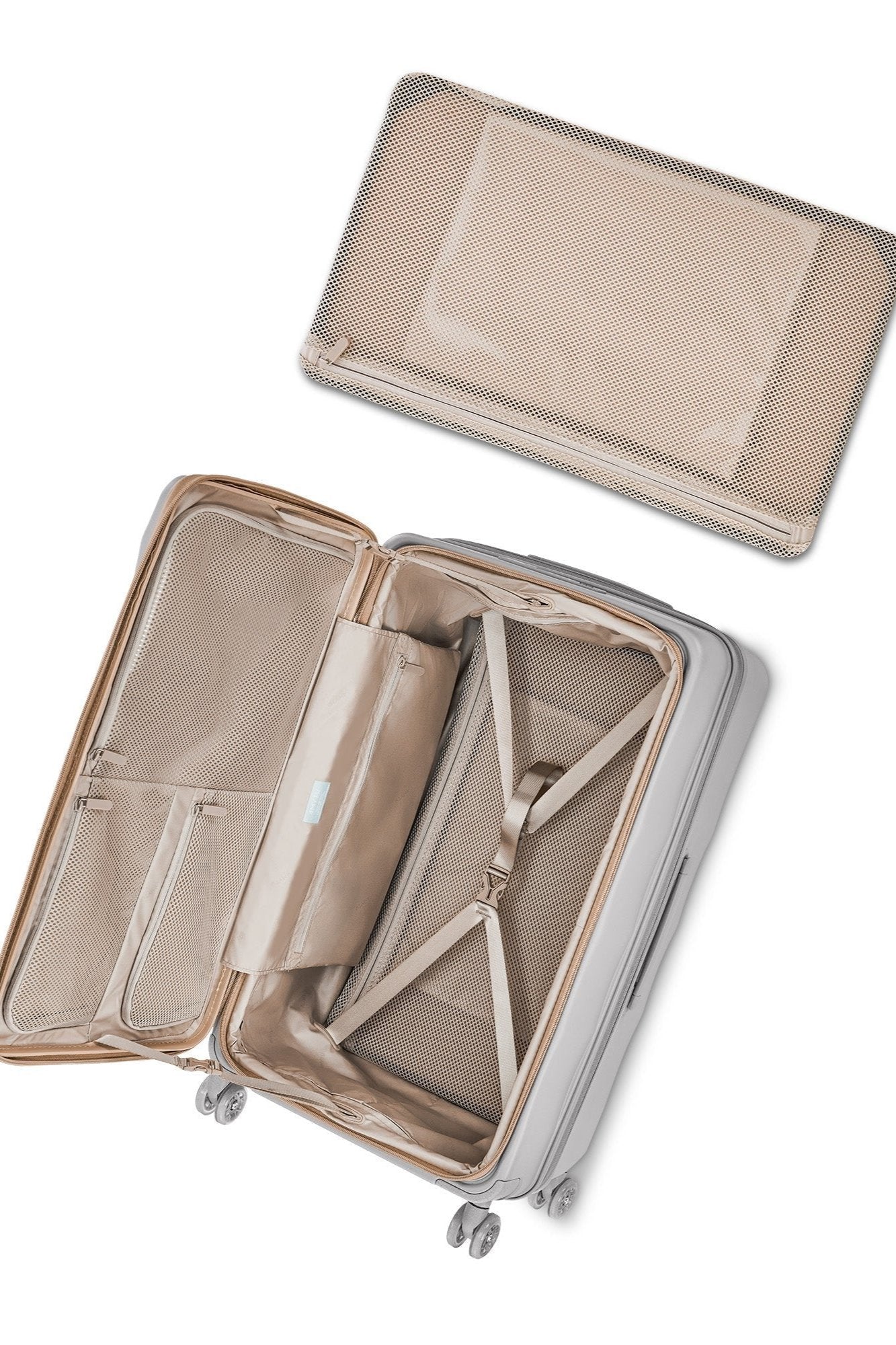 Interior of 4MYTU Tank suitcase in Harbor Mist with compartments and hardshell design.