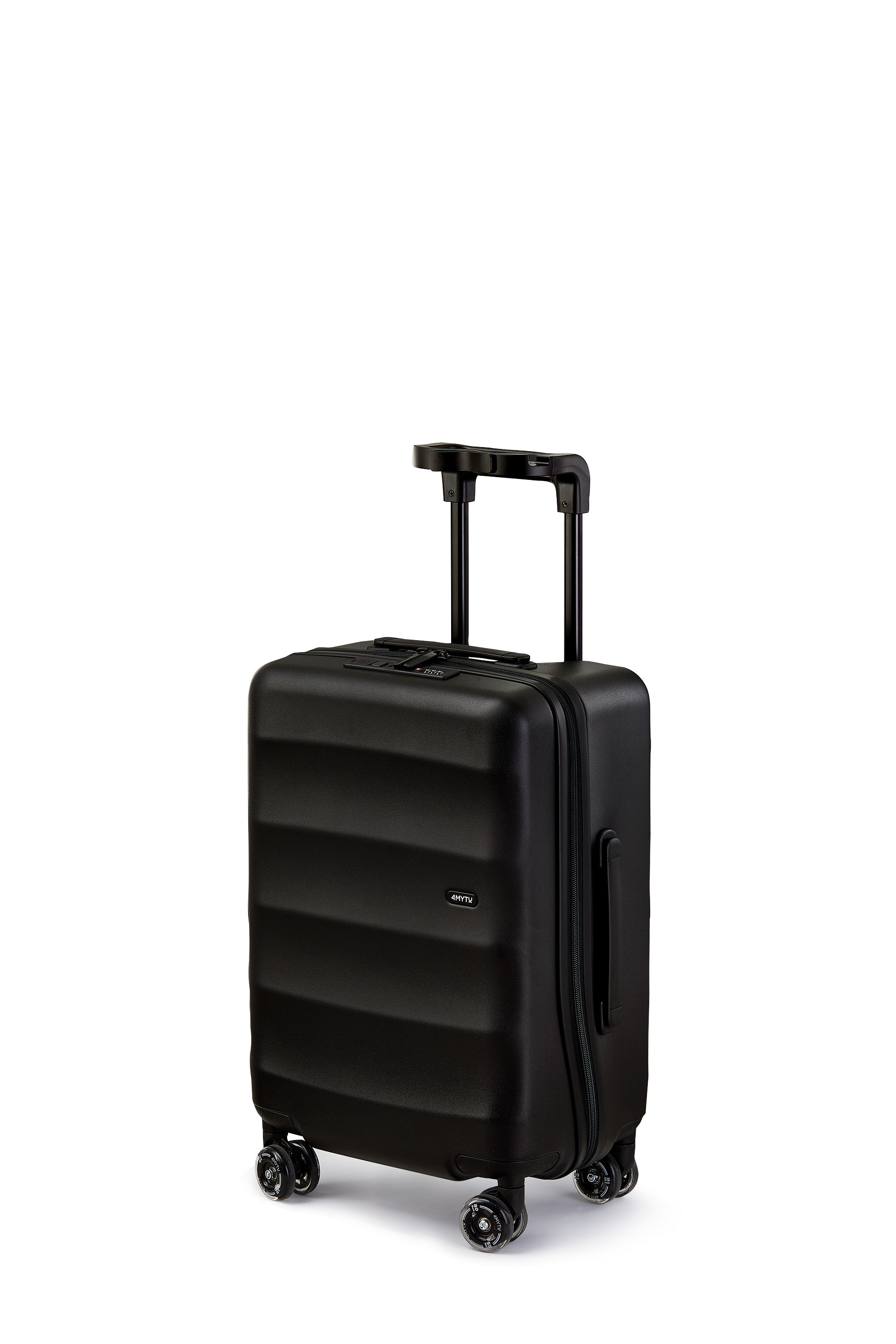 Jet Black carry-on suitcase with ergonomic handle and durable wheels from 4MYTU Collection