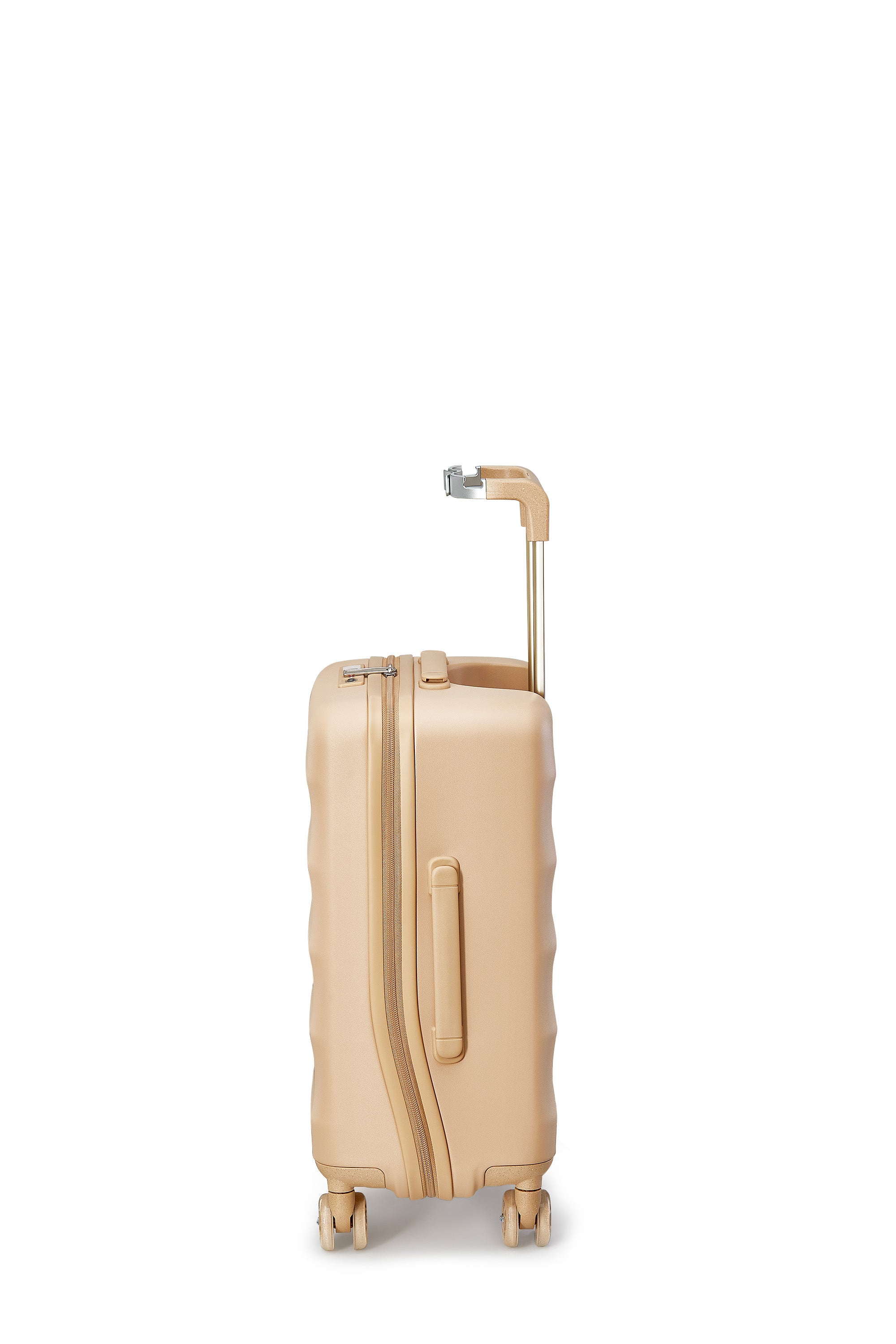 Light beige 4MYTU Sandstorm carry-on suitcase with sleek design and smooth wheels.