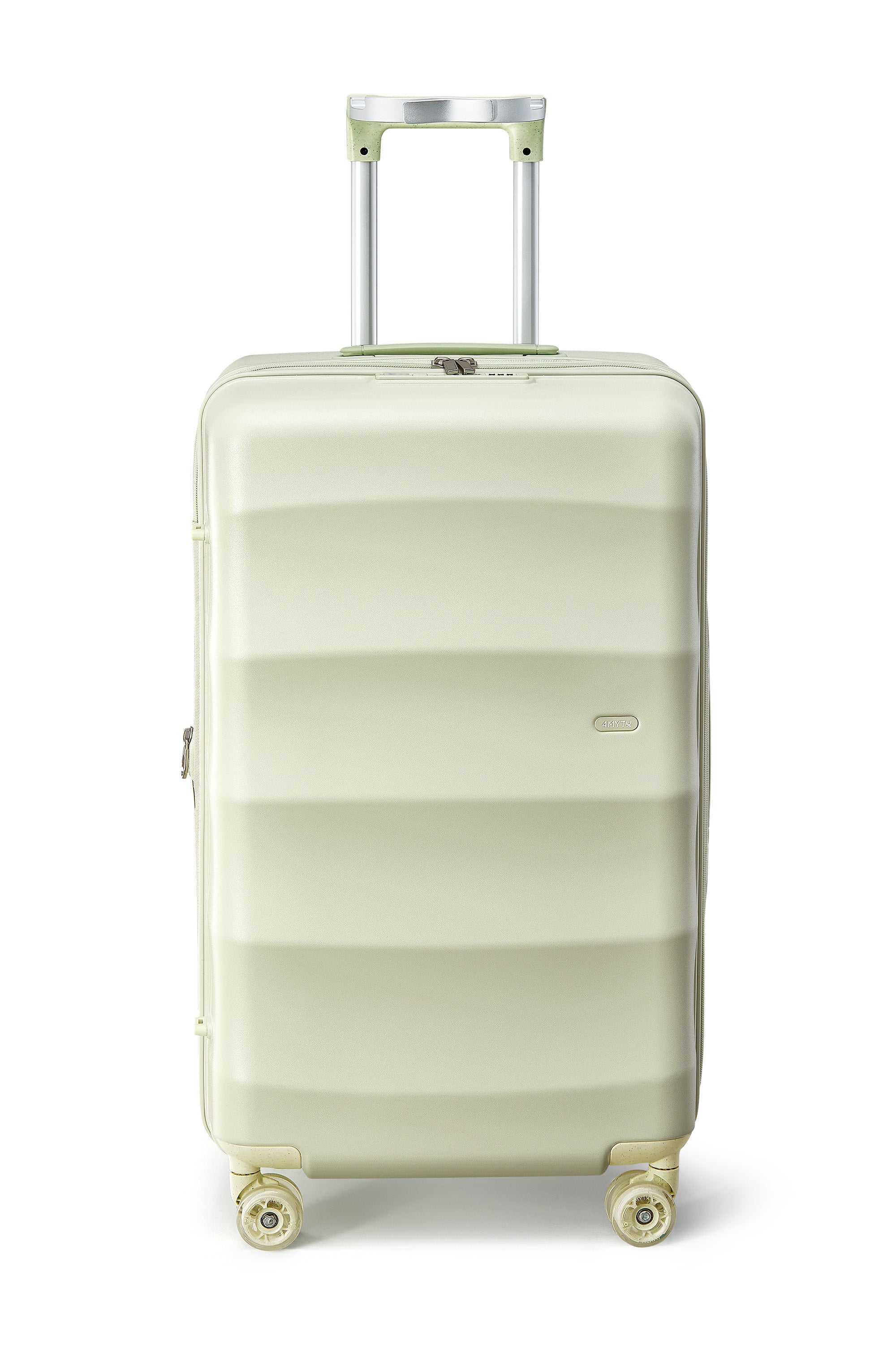 Stylish mint green 4MYTU carry-on suitcase with smooth wheels and retractable handle.