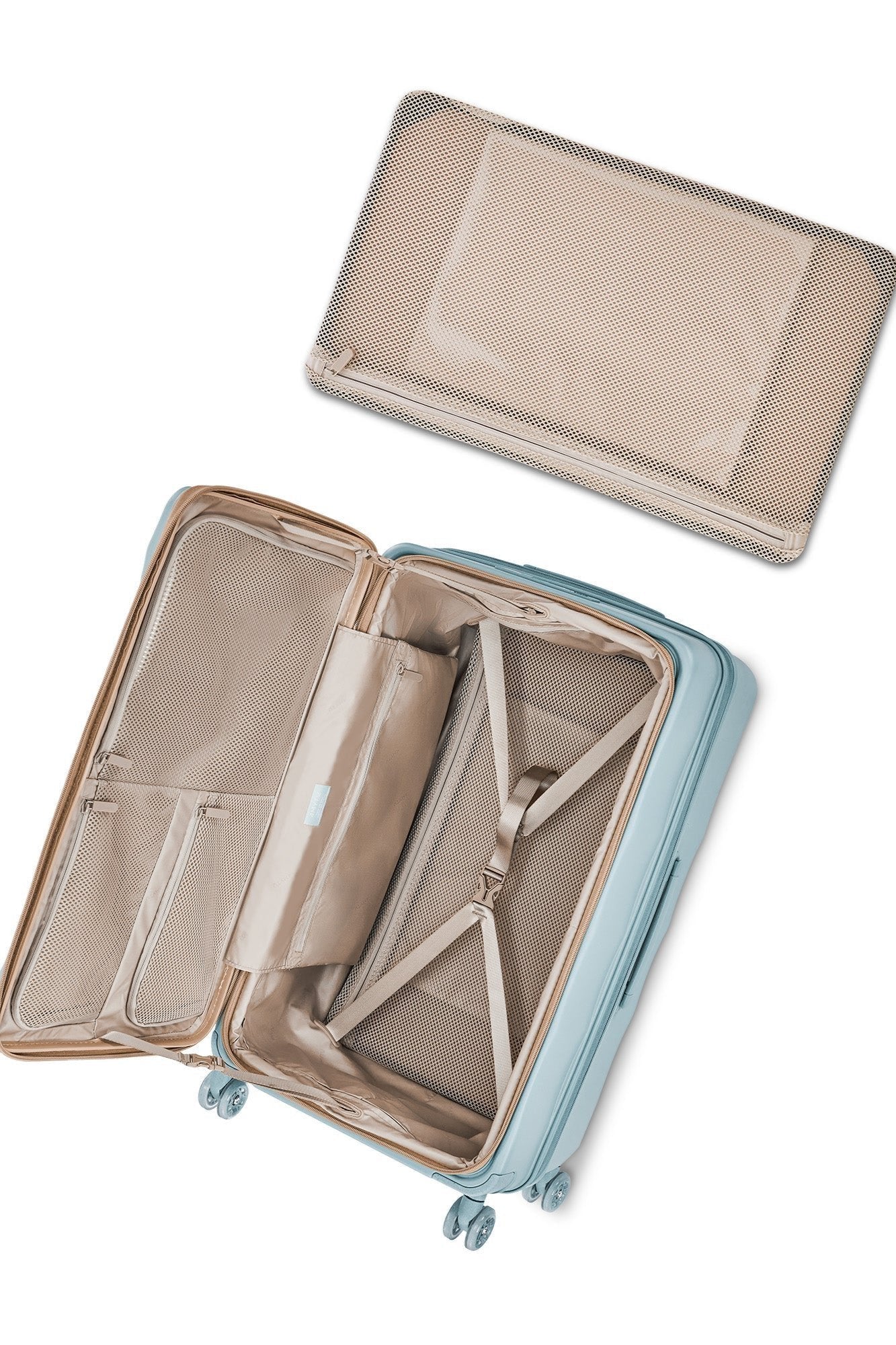 Interior of Delicate Blue 4MYTU Tank Carry-On suitcase with storage compartments