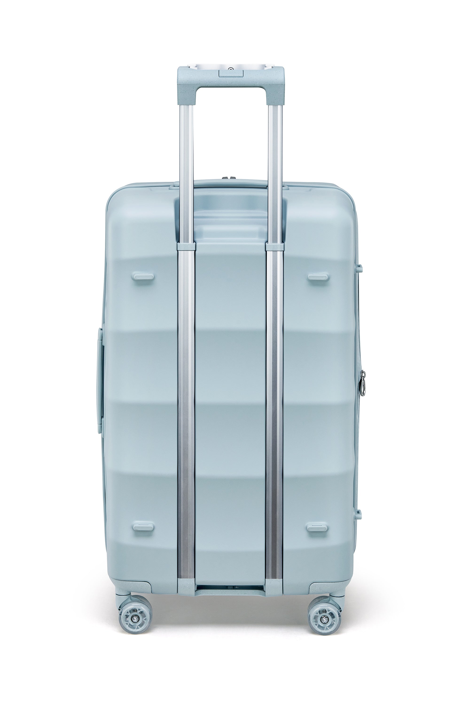 Delicate Blue Tank Trunk luggage with sleek design and smooth-rolling wheels.