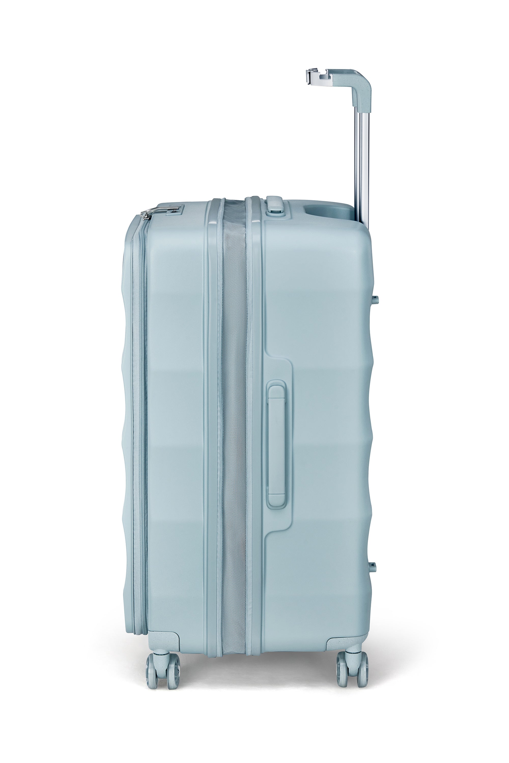 Delicate Blue 4MYTU Tank Carry-On suitcase side view with wheels and hardshell design