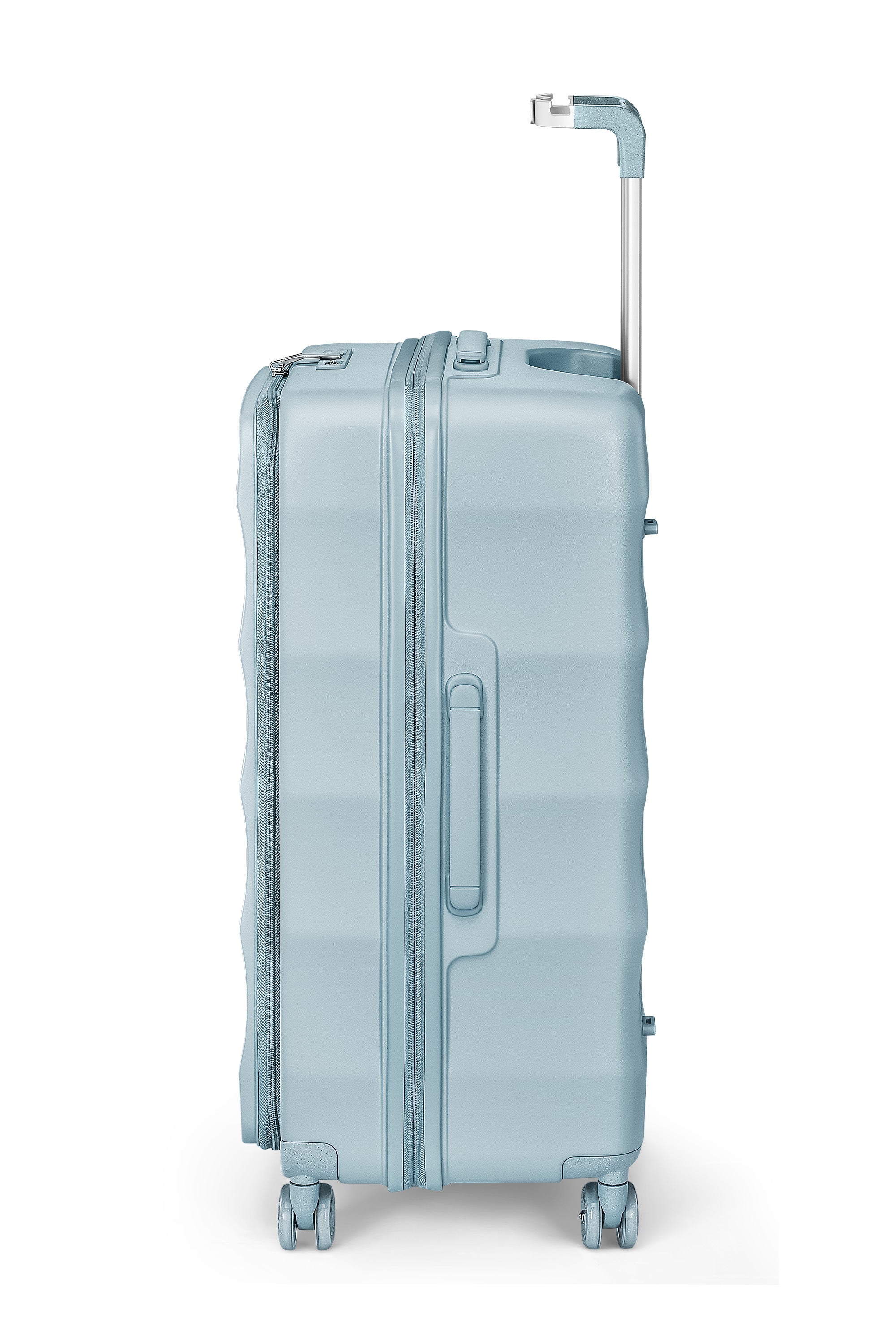 Side view of Delicate Blue 4MYTU Tank Carry-On suitcase with eco-friendly hardshell.