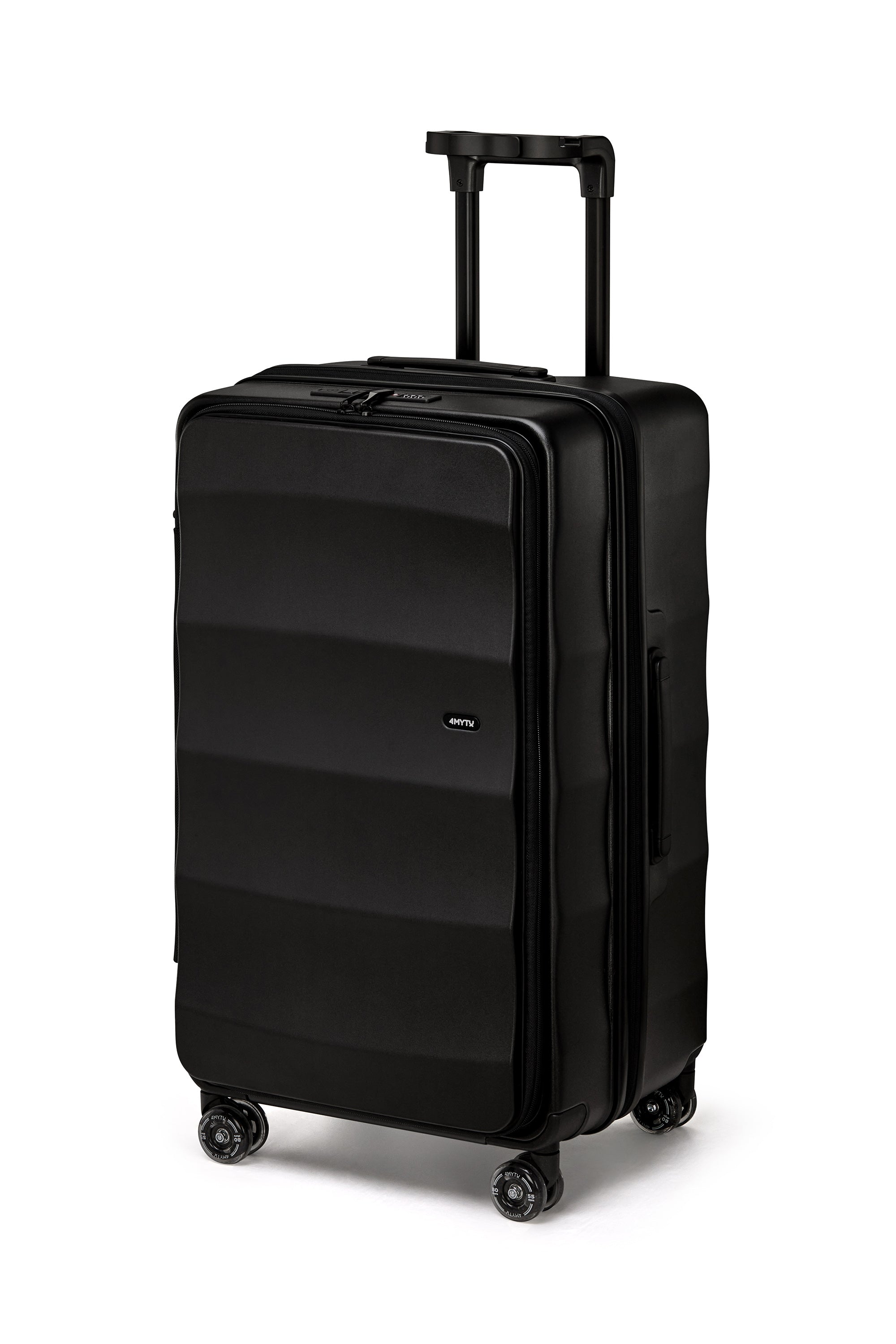 Sleek Jet Black 4MYTU Tank Checked Suitcase with durable hardshell and smooth wheels.