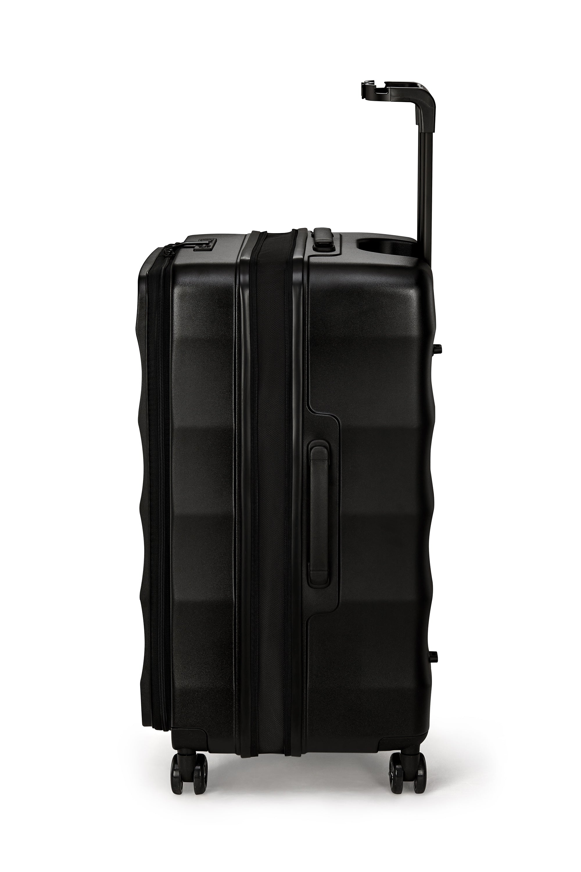 Jet Black 4MYTU Tank Checked Suitcase side view with hardshell and smooth wheels.