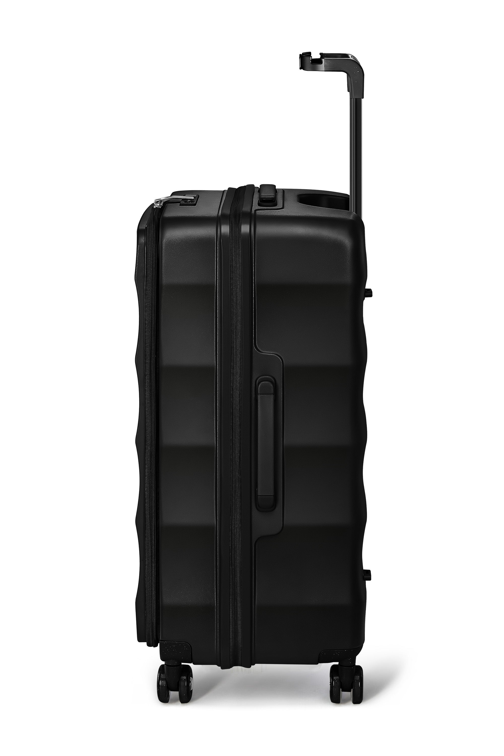 Jet Black 4MYTU Tank Checked Suitcase side view with hardshell and smooth wheels.